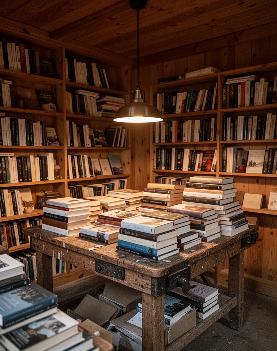 A small converted carriage-house interior being set up as a reading and curation room with floor-to-ceiling bookshelves