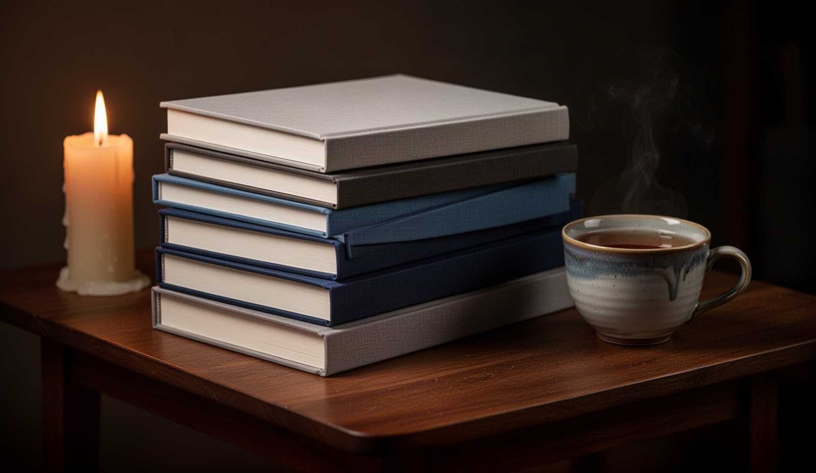 A curated stack of eight cloth-bound hardcovers beside a lit candle and a cup of tea