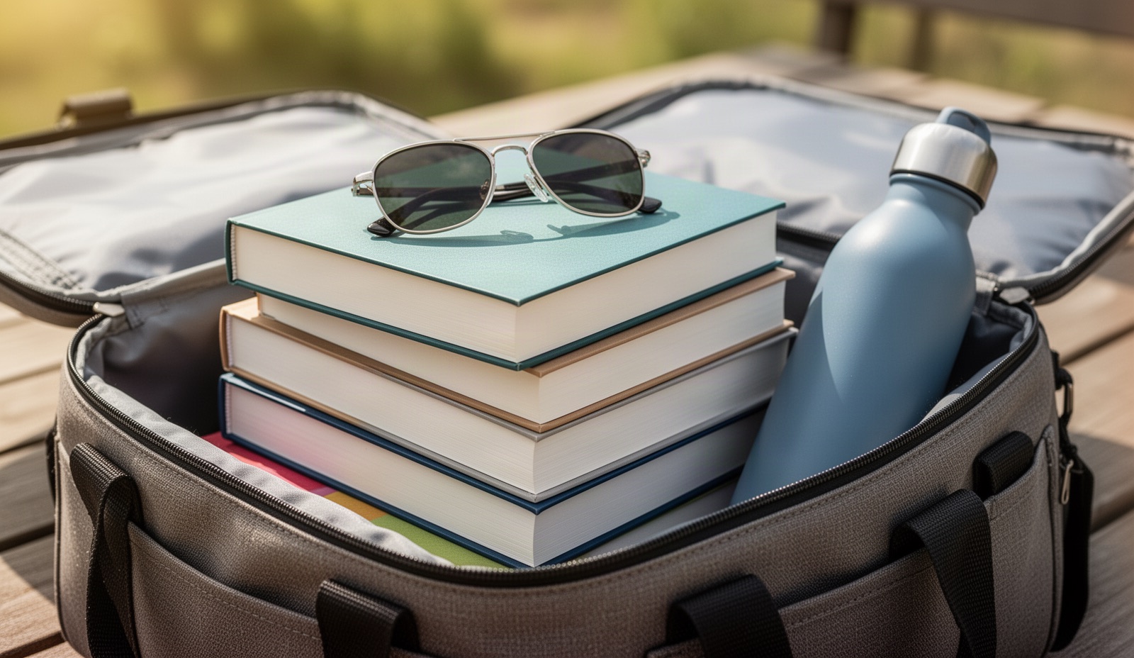 A small stack of paperback thrillers packed into an open weekend travel bag with sunglasses