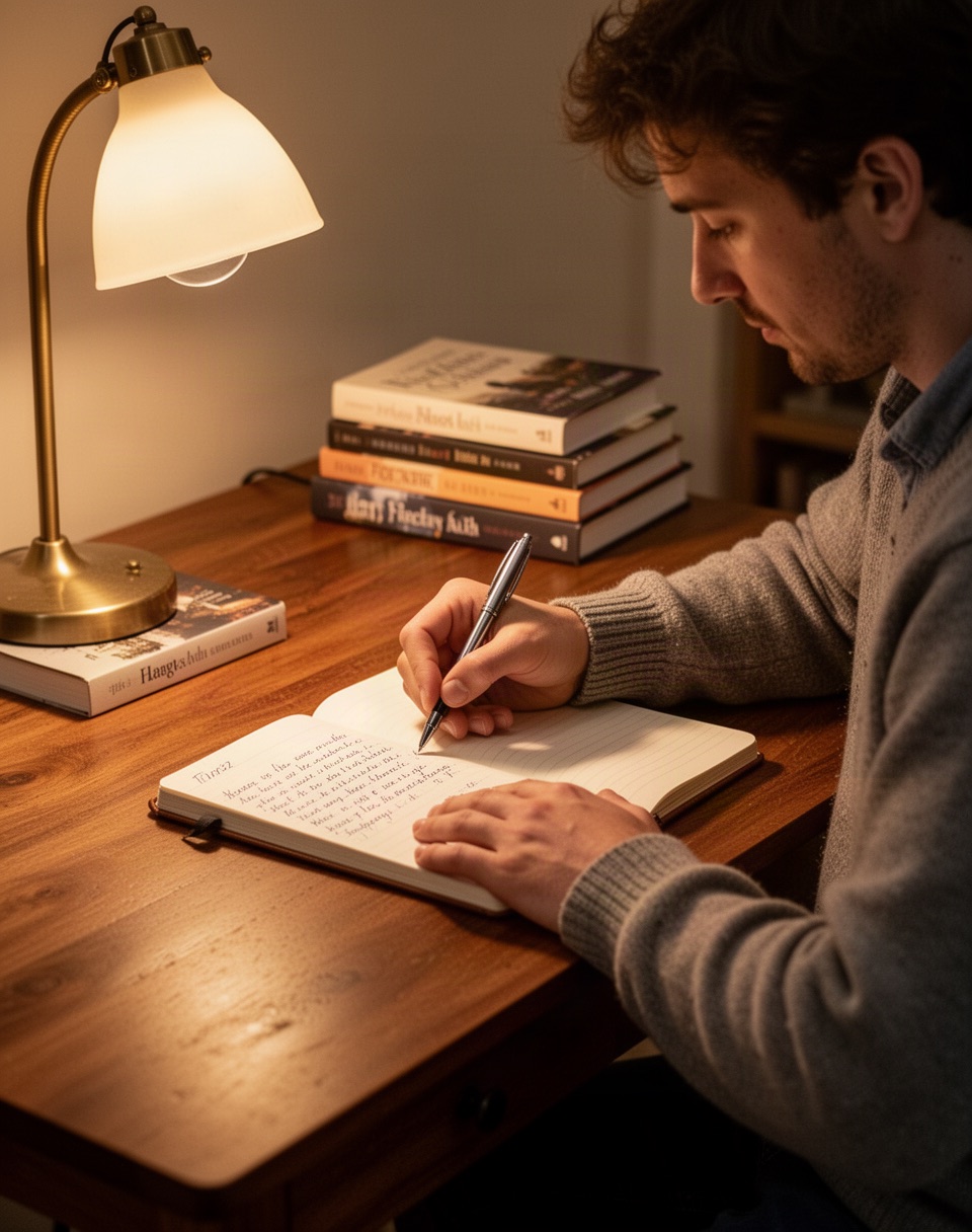 A person filling out a handwritten reading-intake notebook at a desk with a stack of favorite books beside them