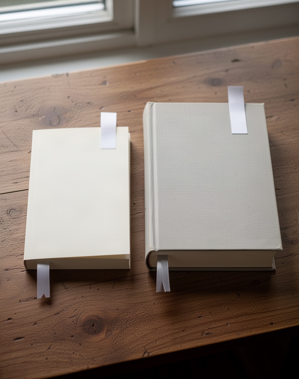 Two books side by side on a table, one slim and one thick, each with a bookmark tucked in