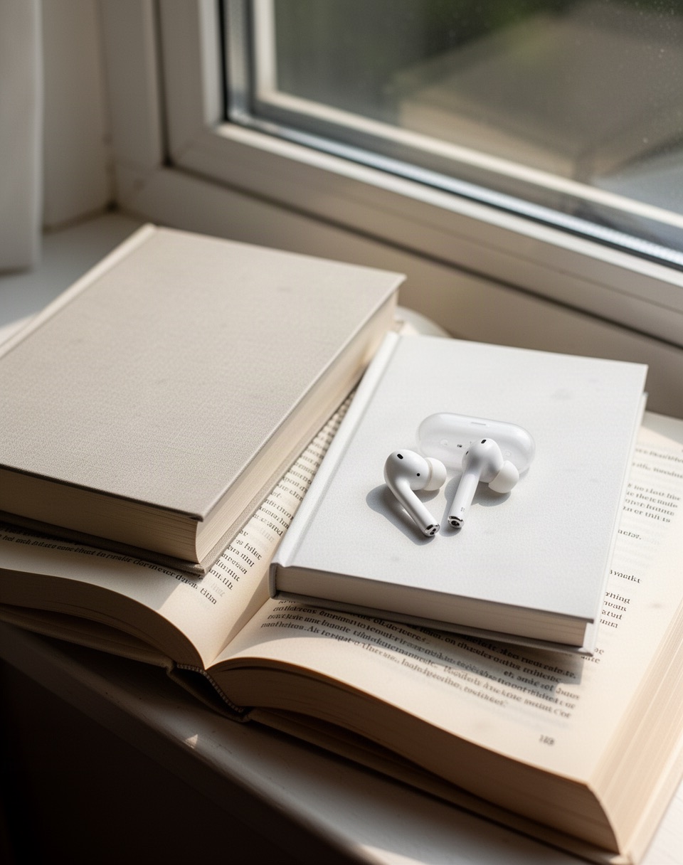 A hardcover, a paperback, and wireless earbuds resting on an open book on a windowsill