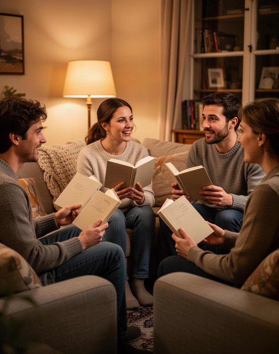 A small book-club gathering on couches, each holding a copy of the same book, mid-conversation