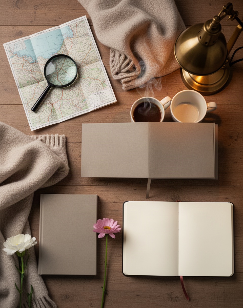 An overhead flat-lay tablescape combining a magnifying glass, a blanket and mug, a lamp and thriller, and a flower and journal
