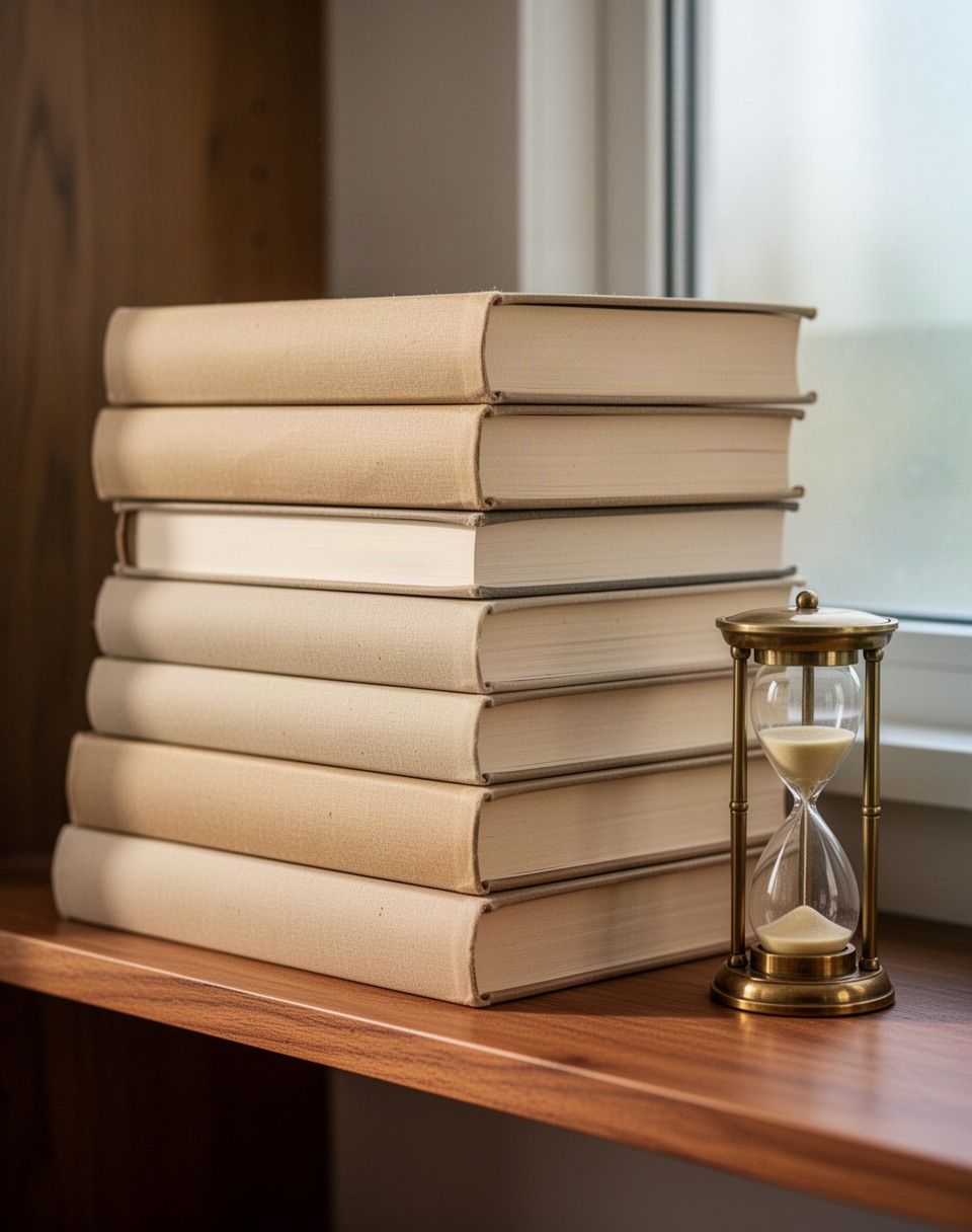 A simple stack of books of varying heights on a shelf next to a small hourglass