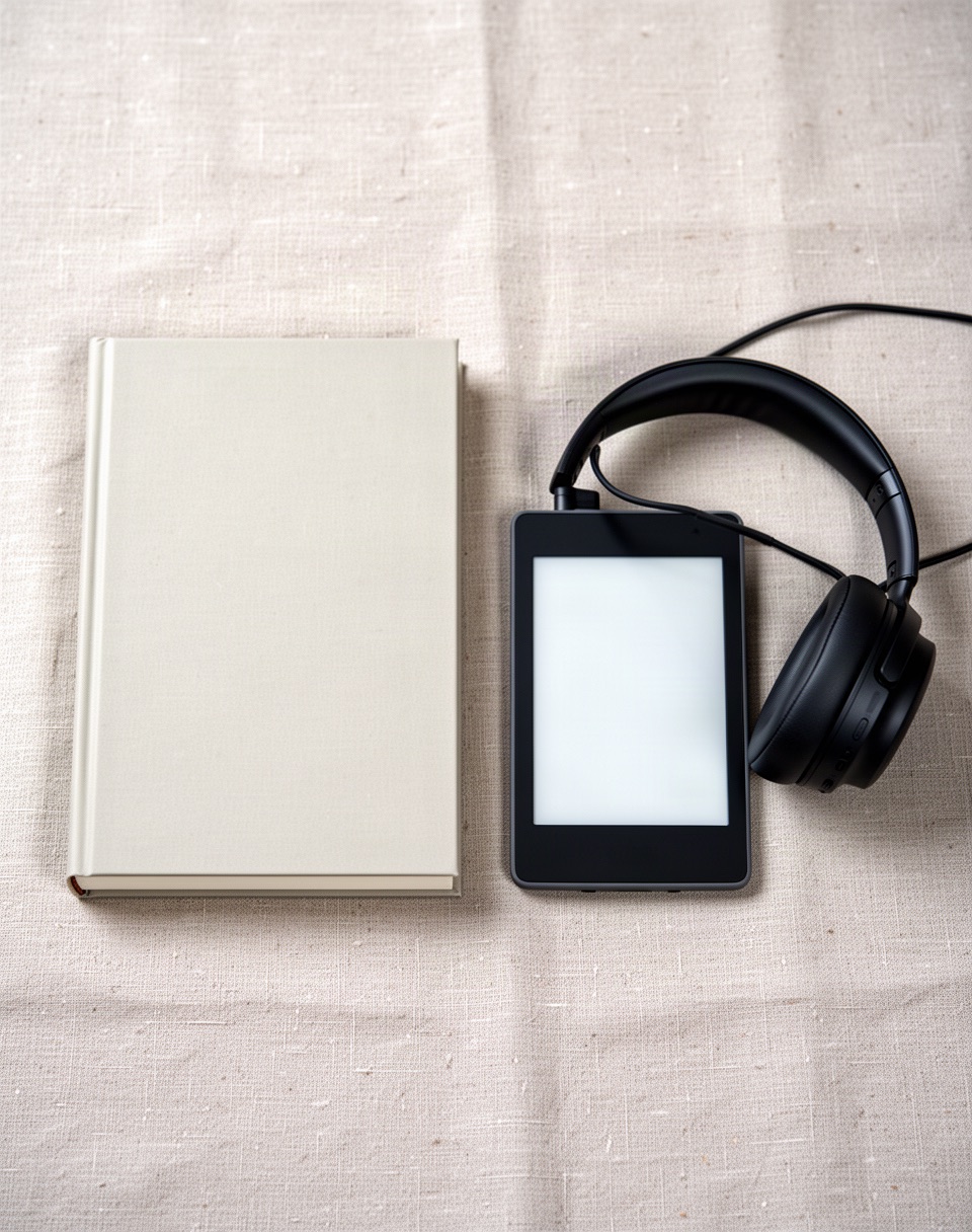 A hardcover book, an e-reader, and headphones arranged together on a neutral surface