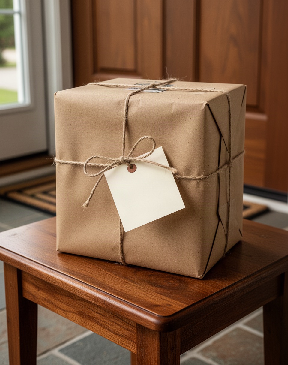 A wrapped book-shelf package tied with twine and kraft paper, ready for shipping on a doorstep