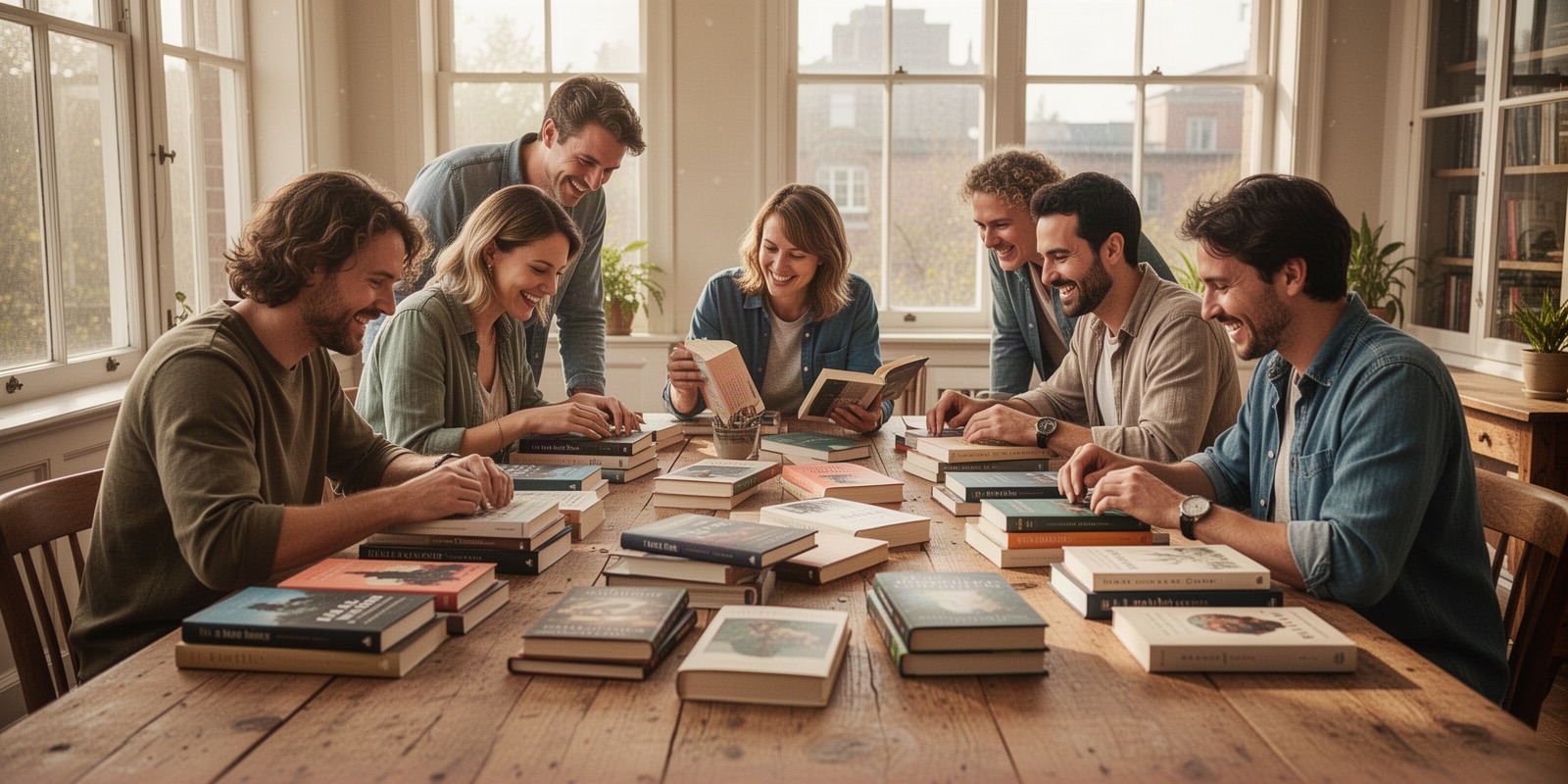 A small group of people gathered around a large table covered in books, sorting and discussing titles